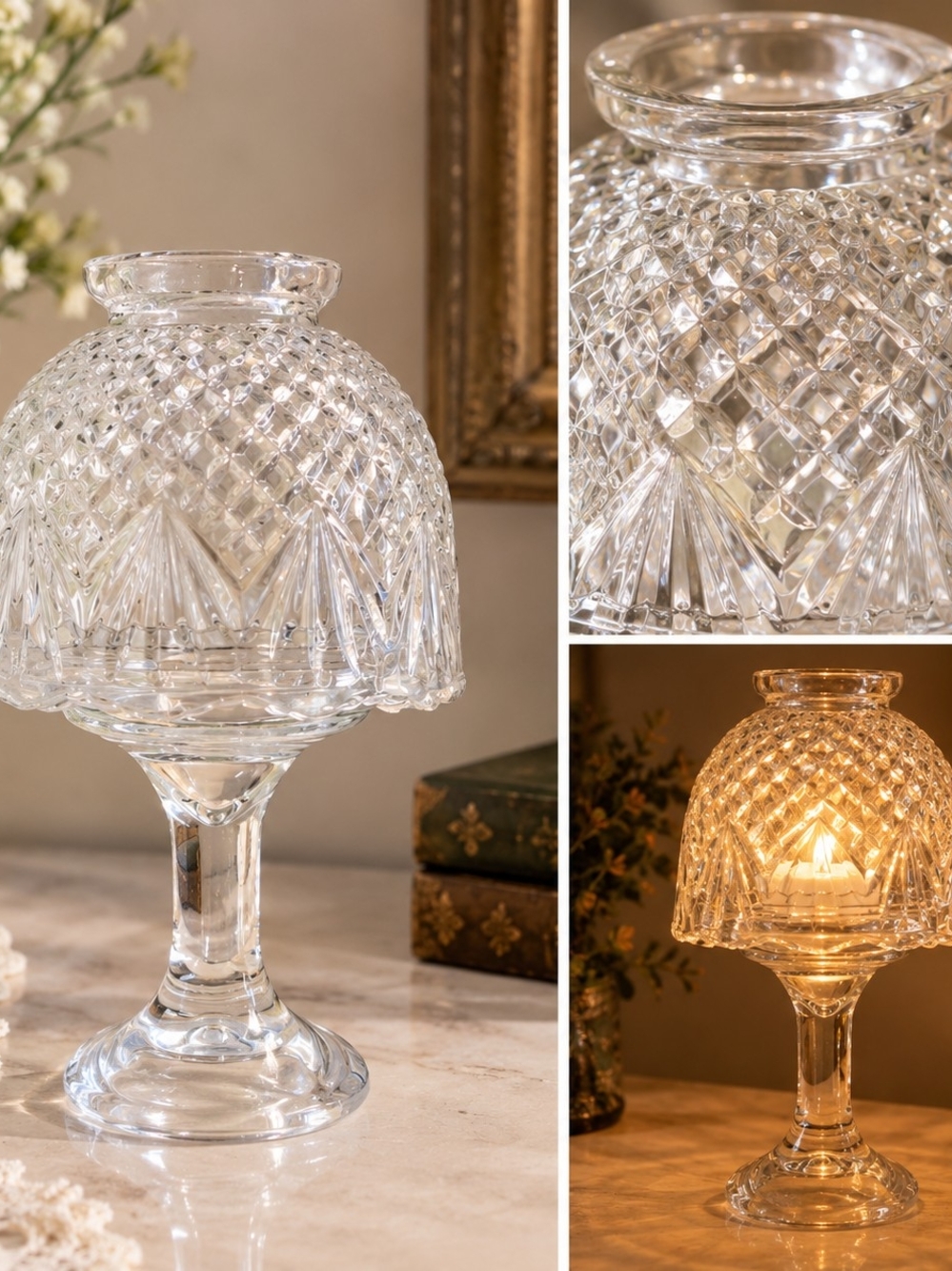 Vintage Clear Glass Fairy Lamp  Diamond/Lattice Pattern  Pedestal Candle Holder